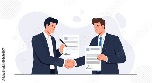 Businessmen shaking hands over contract, signing agreement, partnership success