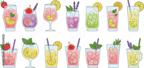 Fresh Fruit Cocktail and Lemonade Drink Illustration Set with Summer Beverages, Citrus Slices, Berries, and Herbs for Bar Menu, Cafe Design, and Refreshment Graphics