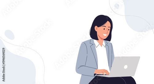 Smiling woman in business attire working on a laptop, modern office background