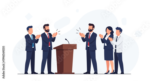 Business people applauding speaker at podium, celebrating success, teamwork, presentation