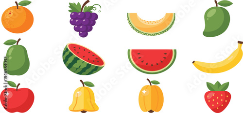 Fresh Fruit Icon Set Featuring Orange, Grapes, Watermelon, Mango, Banana, Apple, Pear, Strawberry and Melon for Healthy Food Design and Nutrition Graphics