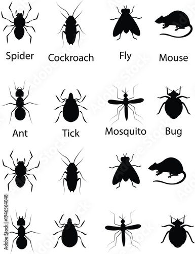 Pest insect vector set collection group with spider cockroach fly mosquito ant mouse bug tick icons, exterminator infestation symbol silhouette outline isolated editable design