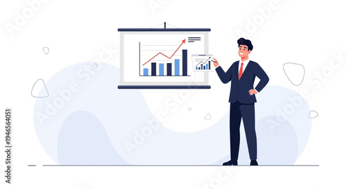 Businessman presenting financial growth chart on whiteboard, business success concept