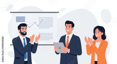 Business team applauding successful presentation with graph on whiteboard