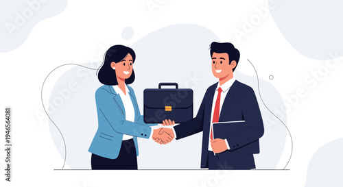 Business handshake between man and woman with briefcase, partnership agreement concept