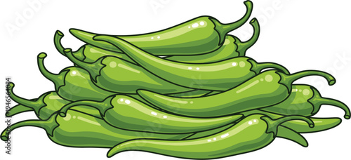 Fresh Green Chili Peppers Vector Illustration Showing Pile of Hot Spicy Peppers for Cooking Ingredients, Organic Vegetables, Food Packaging and Culinary Design