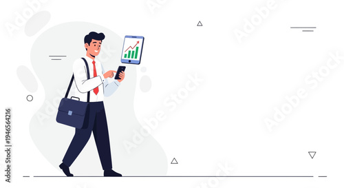 Businessman checking stock market graph on phone while walking with briefcase