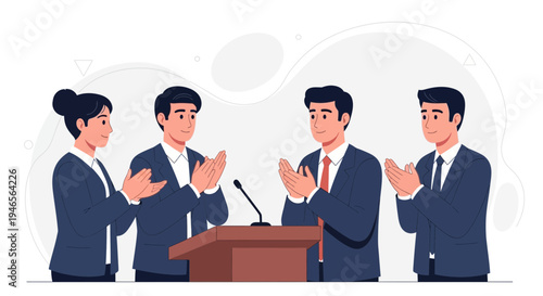 Business people applauding at podium, celebrating success and teamwork
