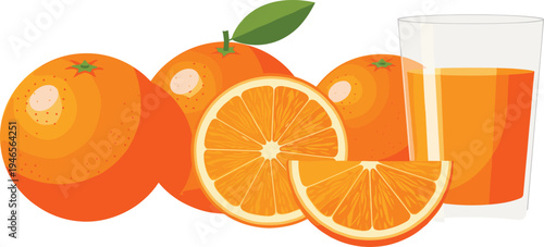 Fresh Orange Fruit and Orange Juice Vector Illustration with Whole Oranges, Sliced Citrus Segments, and Glass of Juice for Healthy Food and Beverage Design