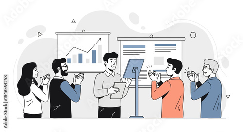 Business meeting success: team applauding speaker presenting growth chart on screen