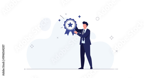 Businessman holding a prestigious award ribbon, symbolizing success and achievement in business.