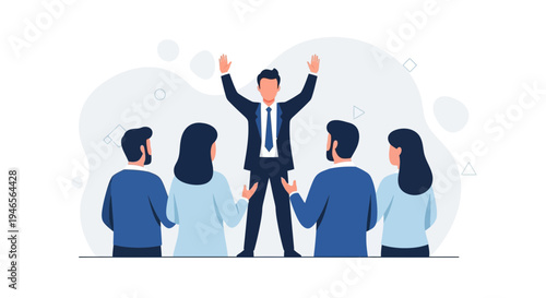 Business Leader Inspiring Team with Raised Arms, Teamwork and Success Concept