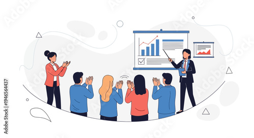 Business presentation with team applauding, financial charts on screen