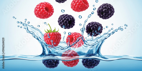 Fresh Raspberry and Blackberry Splash in Water with Juicy Berries Falling into Liquid for Healthy Drink, Detox Water, Juice Advertising, and Fruit Design