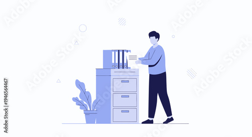 Man Organizing Files in Office Cabinet, Business Workflow Illustration