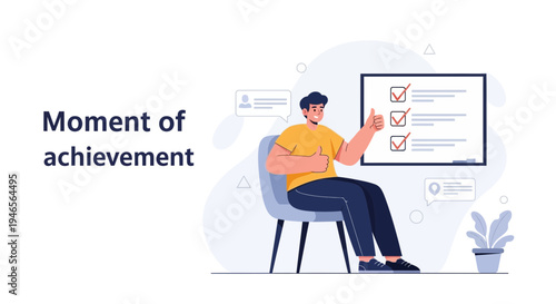 Man celebrating achievement with thumbs up and checklist completion, modern flat illustration