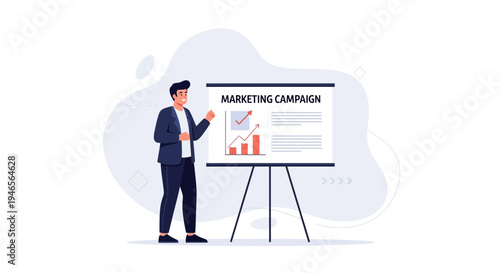 Man presenting marketing campaign with growing chart on whiteboard