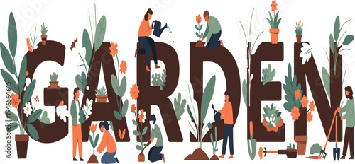 Gardening Concept Illustration with People Planting, Watering, and Caring for Plants Around Large Garden Typography Nature Hobby Vector Scene