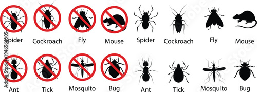 Pest control vector set collection group with insect rodent prohibition icons, bug mosquito rat cockroach symbol, no pest sign silhouette outline isolated design on transparent background.