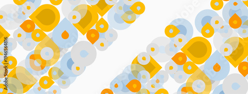 Abstract background. Circles, squares overlap creating modern pattern. Yellow, blue tones dominate composition. Simple design.