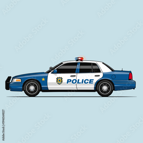 Side view illustration of a blue and white police patrol car with emergency lights on a light blue background.
