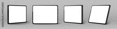 Tablet mockup set with blank white screen and black metal frame. Realistic vector illustrations of pad device template, front and different angles view isolated on grey background. 3d device design