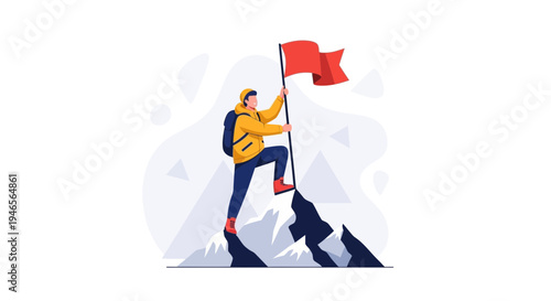 Climber planting flag on mountain peak, symbolizing success and achievement.