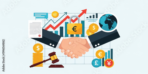Global Business Partnership Agreement with Financial Security, Currency Exchange and International Trade Growth Concept