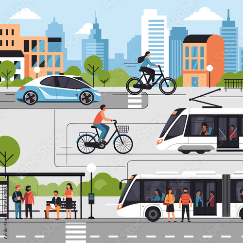 A vibrant urban scene showcasing diverse modern and sustainable transportation methods including autonomous cars, bicycles, trams, and buses, with people interacting in a city environment.