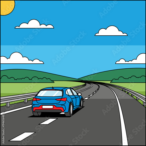 A blue car drives along a winding highway through a green landscape under a bright sunny sky with clouds.