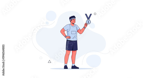 Winner holding gold medal, athletic man celebrating victory, sports achievement, success concept