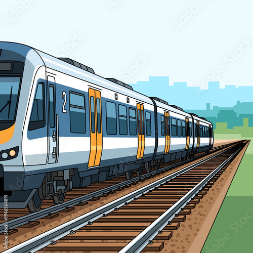 A modern commuter train with blue and white carriages travels along a railway track through a green landscape with a city skyline in the distance.