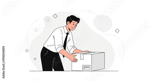 Man in Business Attire Handling a Cardboard Box, Delivery and Logistics Concept