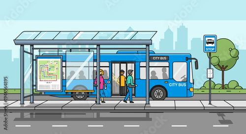 A blue city bus waits at a bus stop shelter with passengers boarding and disembarking on a sidewalk.