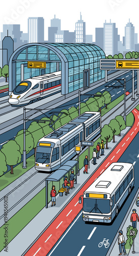 A bustling urban scene showcasing a modern transportation hub with high-speed trains, trams, buses, and dedicated bike lanes, illustrating efficient city transit.
