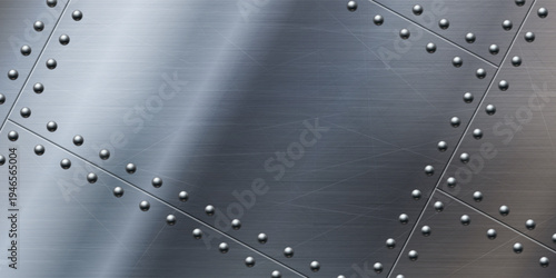Metal background with steel rivets and brushed texture, 3d realistic vector banner. Silver aluminum sheet with bolts, military aircraft panel, iron border design template, industrial stainless frame