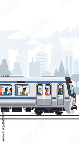 Modern commuter train with diverse passengers traveling through a stylized cityscape.