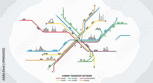 Schematic diagram illustrating a complex subway transport network with multiple lines, transfer points, and city skyline silhouettes.