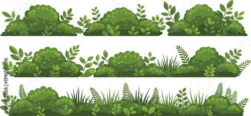 Green Bushes and Garden Shrubs Border Collection with Grass, Leaves, and Foliage Elements for Landscape Design Nature Decoration Vector Set