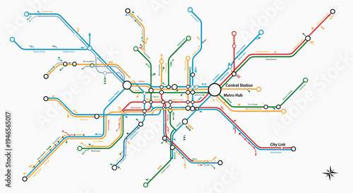 A complex schematic diagram illustrating a multi-colored public transportation network with numerous interconnected lines and stations, resembling a subway or metro map.