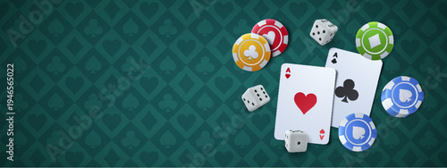 Casino poker cards, dices and chips on green gaming table with classic pattern. Professional card game vector background for Vegas style gambling entertainment and tournaments.
