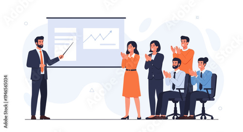 Business meeting presentation success, team applauding speaker at whiteboard