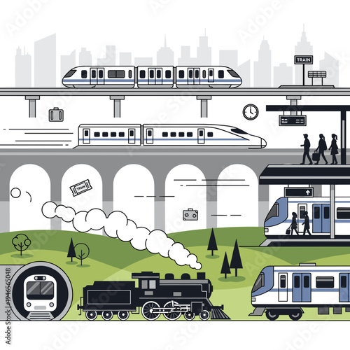 A diverse collection of trains, from steam locomotives to modern high-speed rail, depicted against a cityscape and natural landscape.