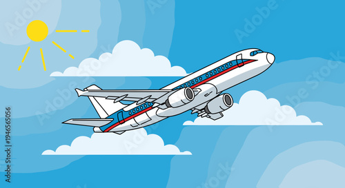A cartoon illustration of a commercial airplane ascending into a bright blue sky with fluffy white clouds and a shining sun.