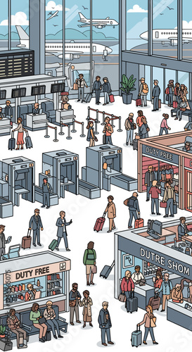 A bustling airport terminal filled with diverse travelers, security checkpoints, and duty-free shops, illustrating the vibrant atmosphere of modern air travel.