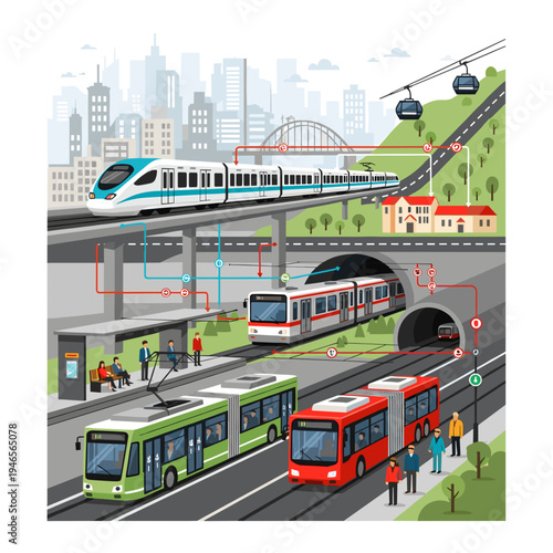 A vibrant illustration showcasing a complex urban transportation network with various modes of transit including high-speed trains, trams, buses, and cable cars.