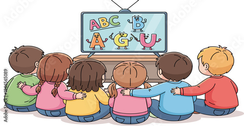 Group of Cute Children Watching Alphabet Cartoon on Television Screen, Kids Learning ABC Letters Together, Preschool Education Vector Illustration