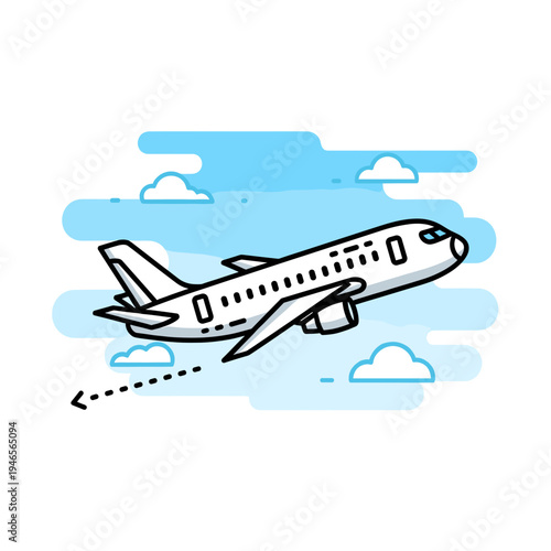 A simple illustration of a passenger airplane taking off into a blue sky with white clouds, depicting air travel and aviation.