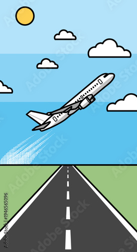 Cartoon illustration of a passenger airplane taking off from a runway into a clear blue sky with white clouds and a yellow sun.