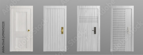 Realistic wooden door with frame and handle, modern white or grey entrance for home interior, isolated 3D vector illustrations. Mockup with elegant wood texture and metal doorknob details